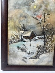 Antique „Figure And Home Landscape In Winter“ Watercolor Painting – Framed