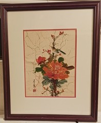 P.CHAN SIGNED ORIGINAL PAINTING BATIK BIRD FRAMED & MATTED OIL VINTANGE 18 X22