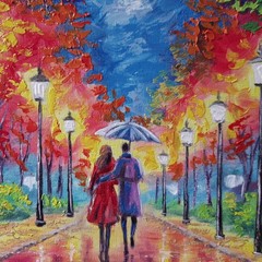 Small Oil Painting on Canvas Autumn Park Couple Umbrella Vibrant Colors Wall Art