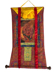 HAND-PAINTED NEWARI GANESHA THANKA PAINTING, OIL VARNISHED, SILK BROCADE MOUNT
