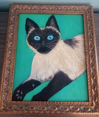 Vintage Siamese Cat Painting Original Folk Art Acrylic Canvas Mid Century Style
