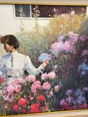 RARE An He Hans Amis LG 47″x 37″ Original Oil on Canvas Painting Lady in Garden