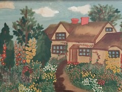 Rare 1930s FRONT OF GLASS PAINTING Cottage Country Garden Hollyhocks COTTAGECORE
