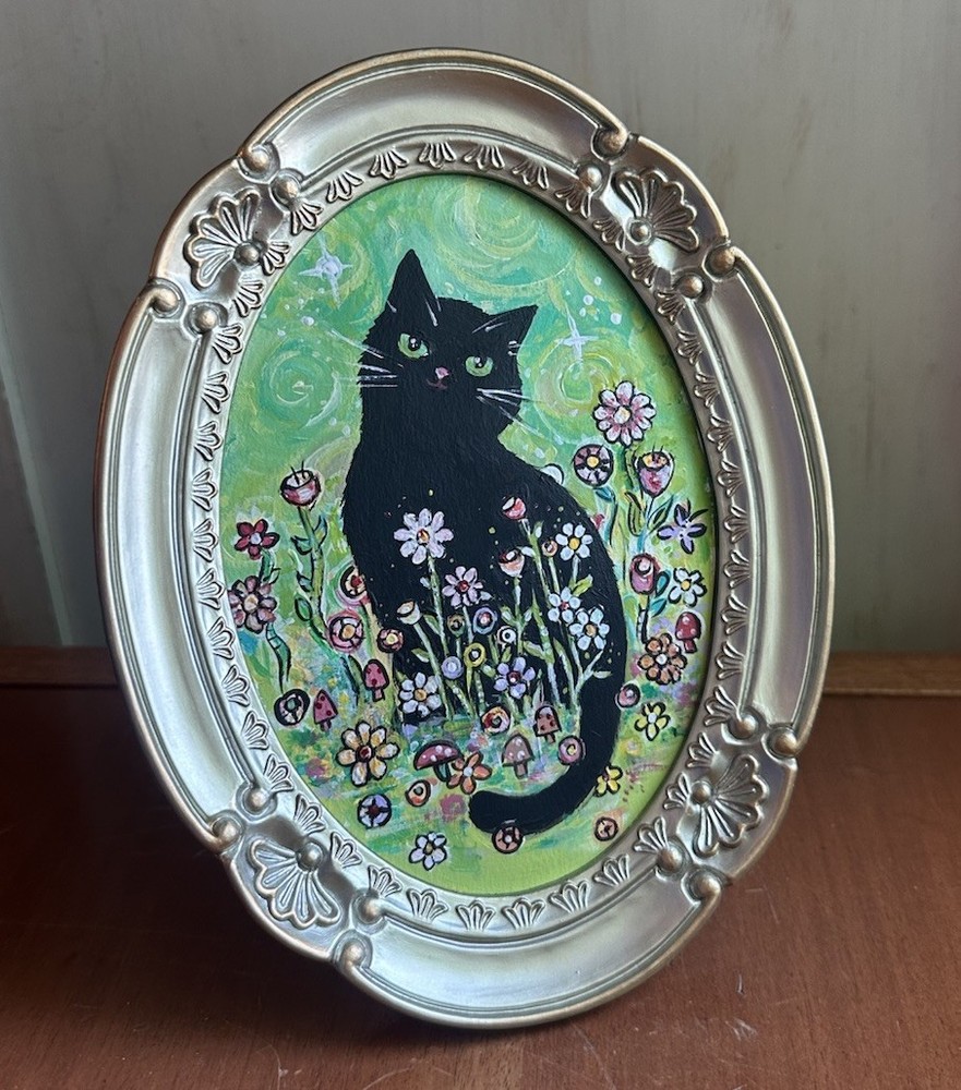Original Ornate Framed Whimsical Painting Mini Black Cat Art 6×8” Signed Oval