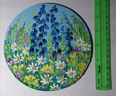 Meadow Flowers Daisies Bells Art Round Canvas 6×6” Impasto Oil Painting Original