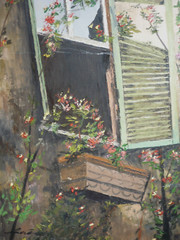 BRAZIL Brazilian VINTAGE FOLK ART, SIGNED OIL PAINTING, GARDEN WINDOW MODERN