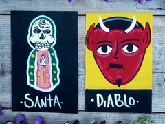 2 Tin Paintings Loteria Santa Muerte & Devil Hand Painted Mexican Folk Art Sm Sz