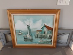 Original John Luini Oil On Canvas Painting Sail Boat New England Fishing Harbor