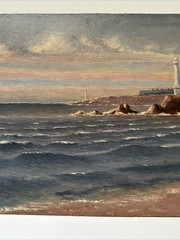WILLIAM HILLIARD PAINTING ANTIQUE COASTAL LIGHTHOUSE BEACH LANDSCAPE FAMOUS OIL