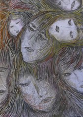 ORIGINAL FEMALE DRAWING 13 X 9 INCH BROWND BLACKS PENCILS BY RIVKA FILIIN