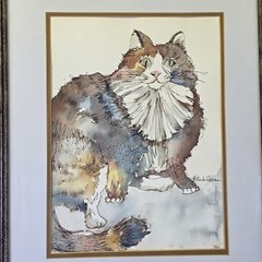 Original Watercolor Calico Cat Painting – Professionally Framed 15.5″ x 14.5″