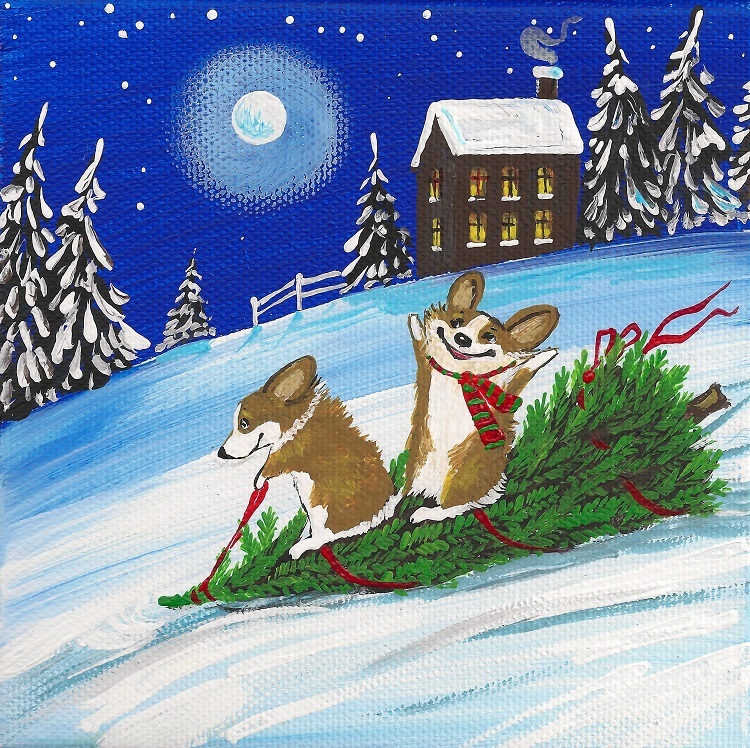 4×4 PRINT OF PAINTING FOLK ART RYTA PEMBROKE WELSH CORGI SNOWMAN Christmas house