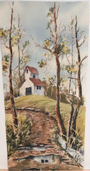 BETTY KAY ORIGINAL WATERCOLOR WHITE BARN ON THE HILL LANDSCAPE PAINTING