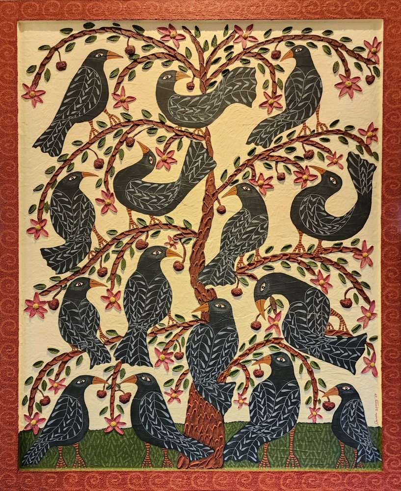 Danette Sperry Southern Primitive Crow Bird Folk Art Painting „Cherry Paradise „