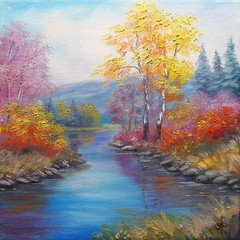 Autumn River Landscape Oil Painting Original Nature Wall Art Canvas Decor 10×10