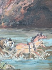Judy Meeks Vintage 1960’s Americana Folk Art Naive Oil Painting Wild West Horses