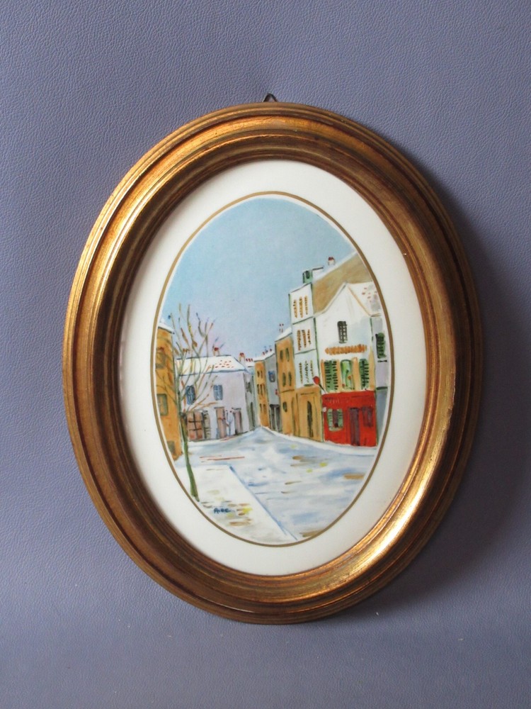 Oval Painting On Ceramic Landscape Signed Vintage 20th Century