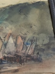 Vintage Watercolor Ink Maritime Seascape Painting Sailboats Coastal Beach Framed