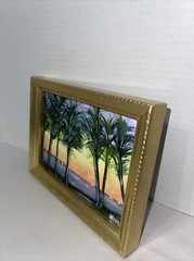Tropical Landscape Painting Coastal Seascape Palm Trees Ocean sailboats 7.5×6”