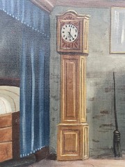 Oil Painting Farmhouse Interior Bed Grandfather Clock Oven Copper Cauldron Broom Table