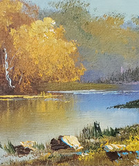 LANDSCAPE PAINTING river through trees canvas art in wood frame SIGNED by artist