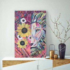 Lion Flower Splatter Design by Sarah Wahl 1-Piece Unframed Canvas Drawing Print