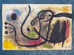 JOAN MIRO drawing and painting on old paper signed stamped vintage
