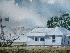 ROBERT GARTLAND, LISTED OKLAHOMA WATERCOLOR SIGNED LANDSCAPE FARM HOUSE RURAL OK