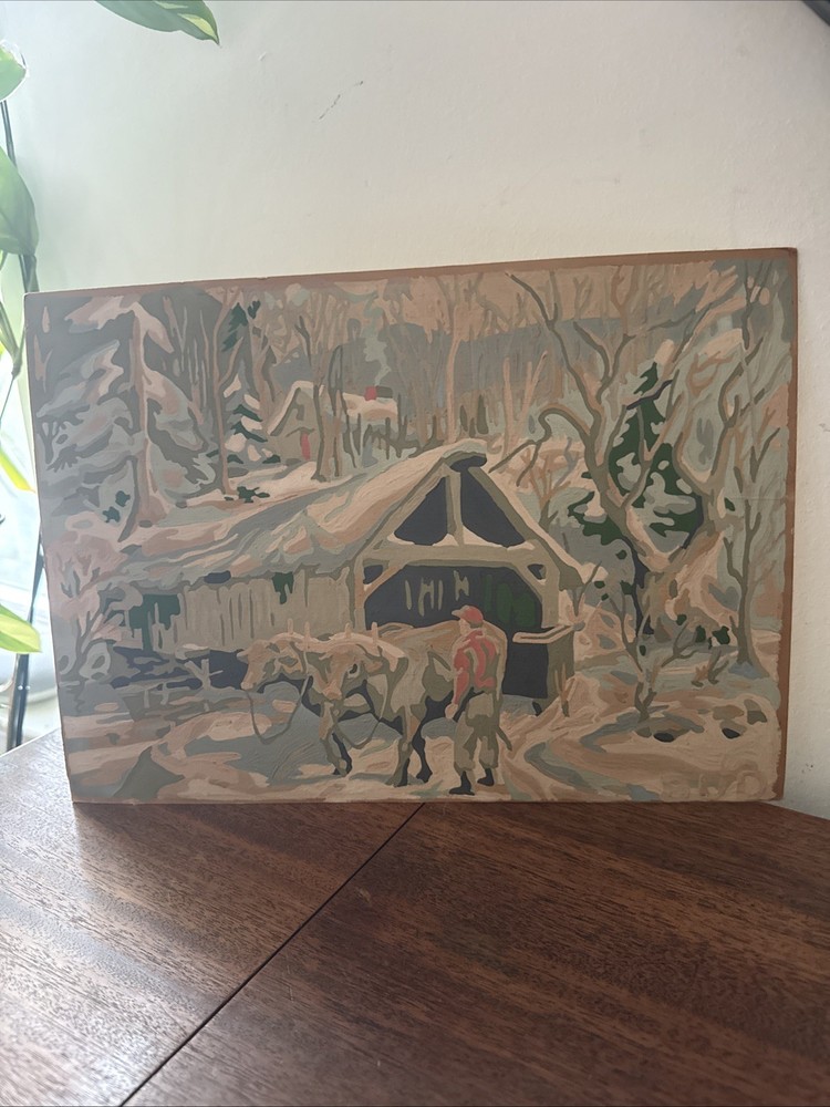 Vintage Paint by Number Winter Farm Snowy Scene NO FRAME Forest Trees Gift Prop