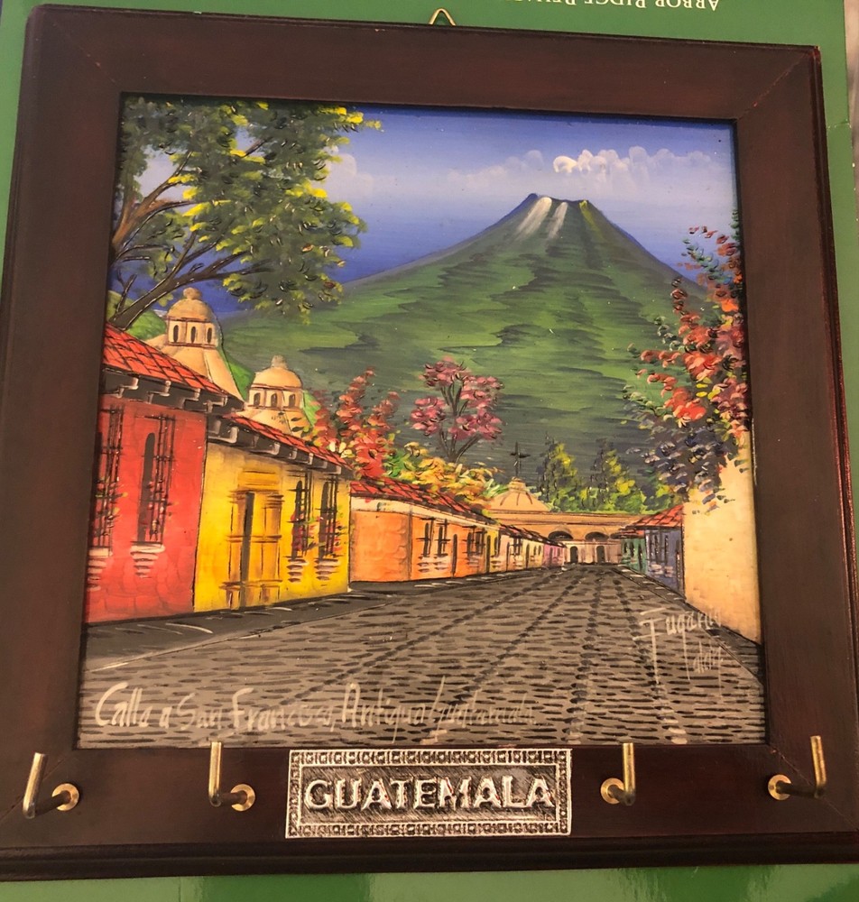 Vintage GUATEMALA Original PAINTING & Wooden Framed KEY RACK Signed Hand Crafted