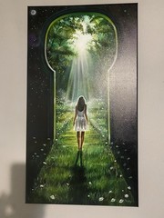 D. Lightsey Signed Woman Keyhole Doorway Forest Canvas Painting, Surreal Fantasy
