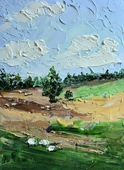 Fields and Hills Oil Painting 15x20cm Sheep Animals Painting on Painting Board