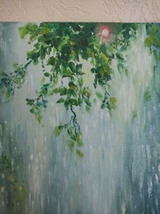 Minimalist Oil Painting on Canvas Rainy Nature Wall Art Green Leaves Modern