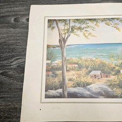 Vintage Ena May Carrington Painting Barbados Ostins Ocean Scene Trees Boats Land
