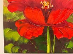 UNSTRETCHED Oil painting 24×48 Sunflowers and blue flower in field,bright colors