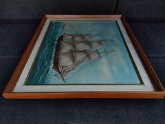 Vintage Original Oil Painting Clipper Ship Tall Sails Nautical Framed 16×20