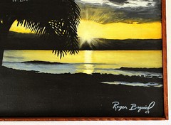 VTG 1980s CALIFORNIA OCEAN BEACH DRAMATIC SUNSET PALMS TROPICAL PAINTING SIGNED