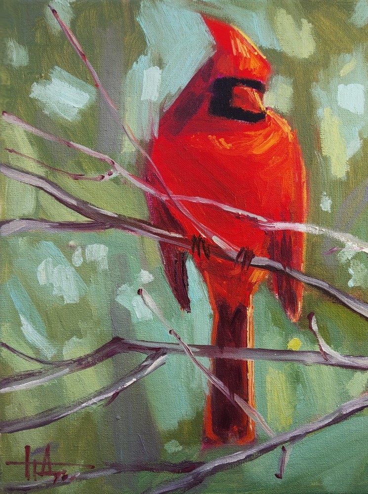 Northern Cardinal Bird Original Oil Painting on Canvas 20×15 cm