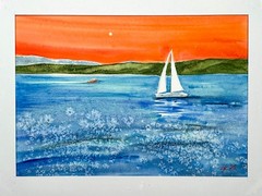 Original Watercolor Sailboat Painting – Seascape with Sunset Sky and Ocean Waves