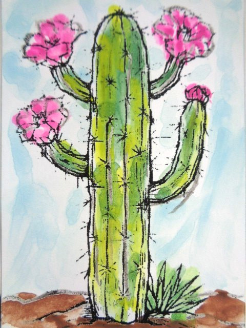 ATC ACEO Desert SUCCULENT PRICKLY CACTUS PLANT Painting Art