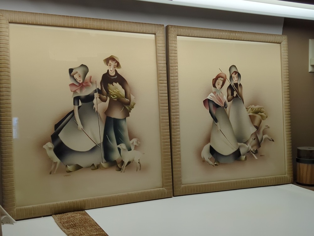 1940’s Benjamin Jorj Harris – Pair of Airbrush Watercolors 20 Tall By 18 Wide