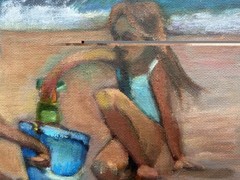 original oil painting of a Brother and Sister playing on the Beach