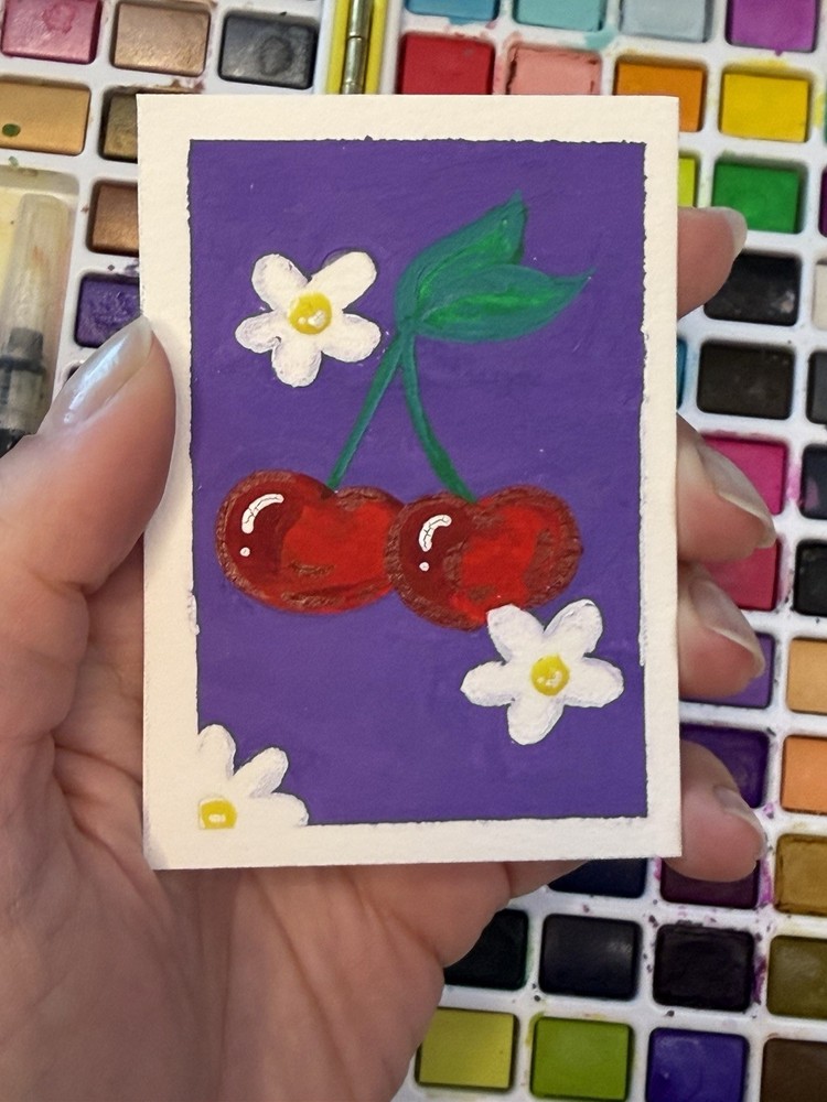 ACEO Original Gouache Painting 2.5×3.5in/ Cherry / Mini Art