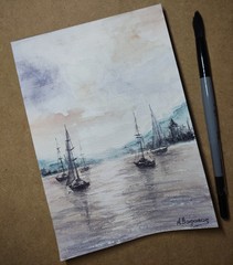 Original watercolor painting The Harbor at the Sunset 6×8 in Seascape