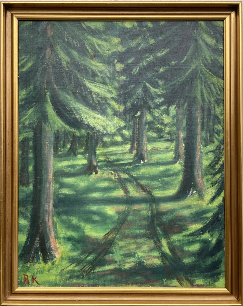 Oil painting green coniferous forest nature painting Denmark BK monogram 95x76cm
