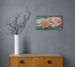 Sleeping Fox Cubs Original Oil Painting Fox and Mushroom Canvas Art 8×20″