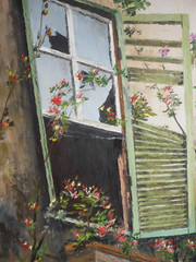 BRAZIL Brazilian VINTAGE FOLK ART, SIGNED OIL PAINTING, GARDEN WINDOW MODERN