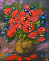 Painting Poppies in a Vase Original Art Still Life Red Flowers Impasto size 10×8