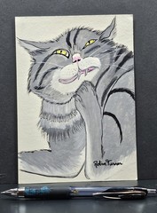 Original OOAK Gouache Painting 5×7 Sealed Silly Scratching Cat Gray Handmade Art