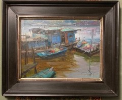 Bryan Mark Taylor “Blue Boats of Kaiping” Original Oil on Panel Southern China